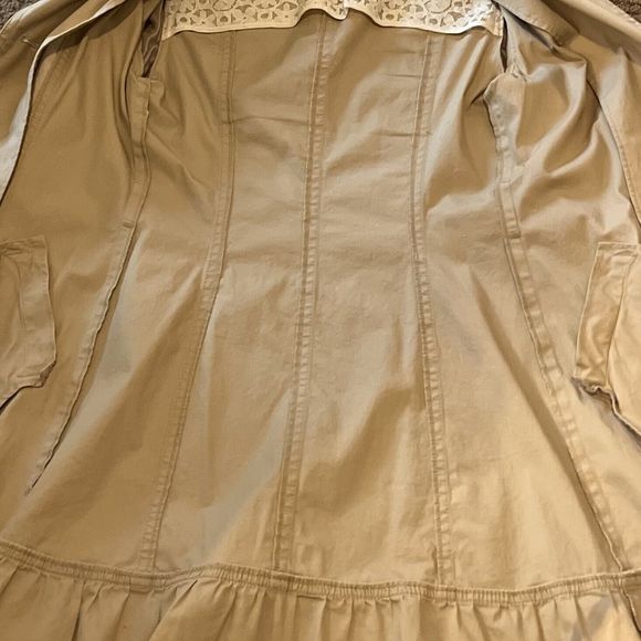 VTG Designer Women’s Mid Long Trench Coat Belted Jacket Overcoat Slim Fit Tan S - Picture 10 of 13